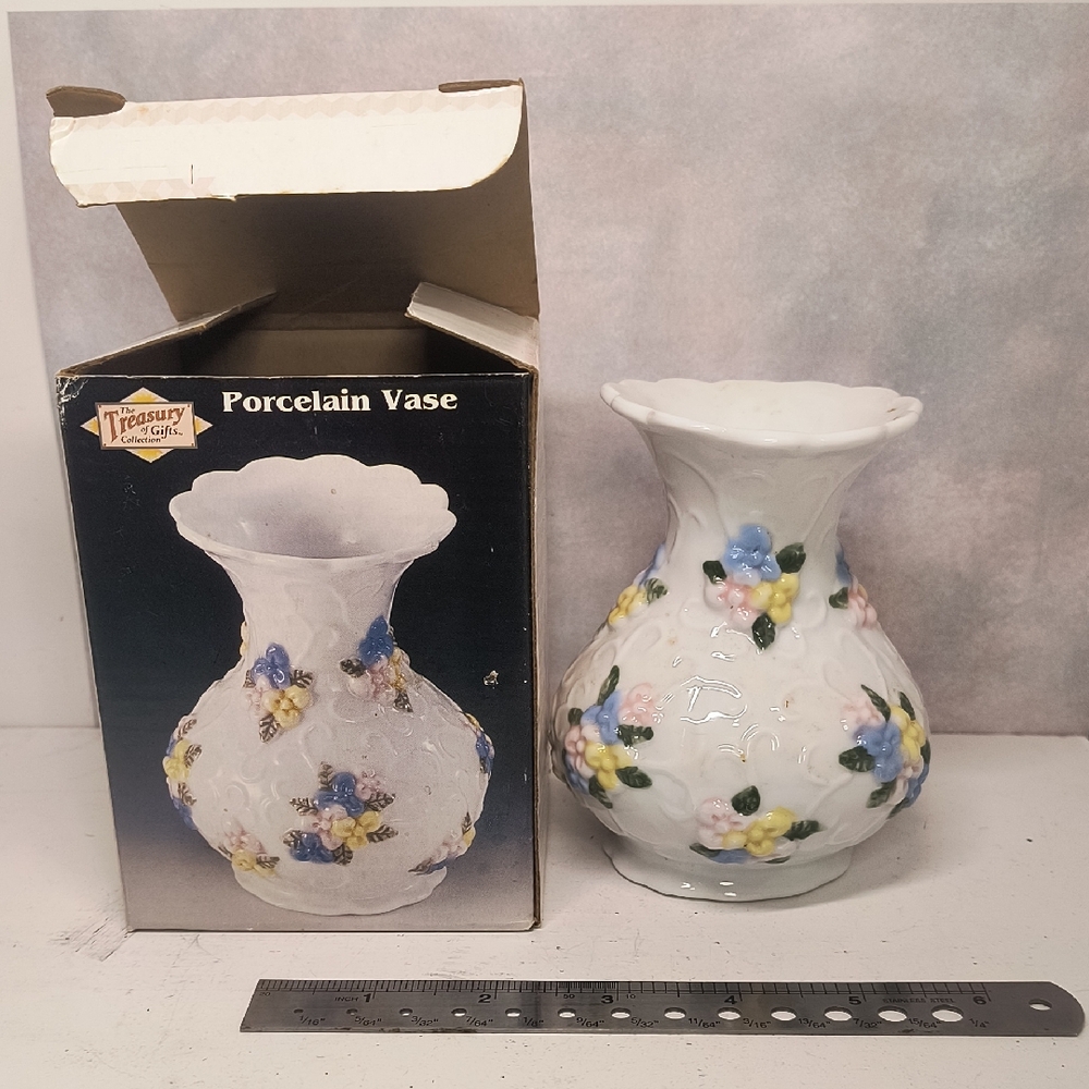 Ceramic Porcelain Vase Raised Flowers Texture Blue Pink Yellow Vintage Small